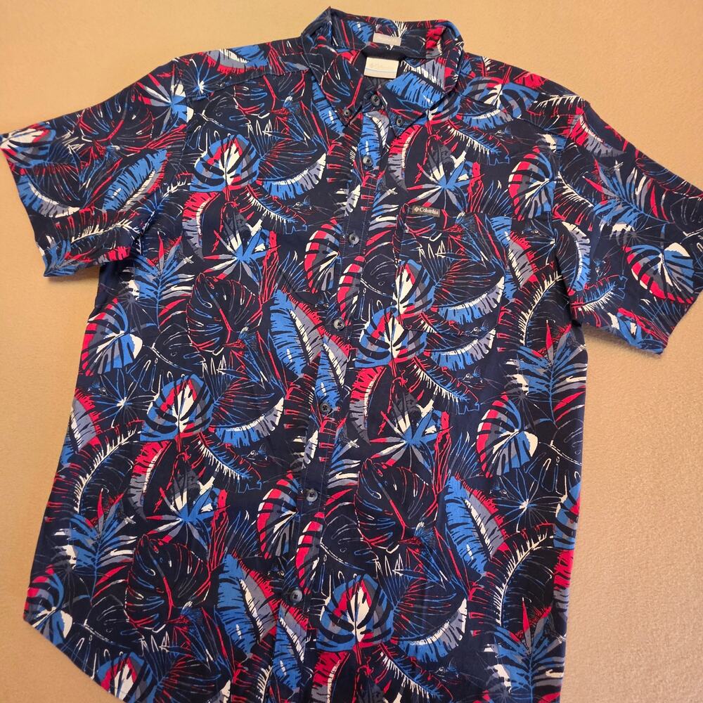 Columbia Men's Rapid Rivers Short-Sleeve Button Shirt Blue Red Tropical Sz Large